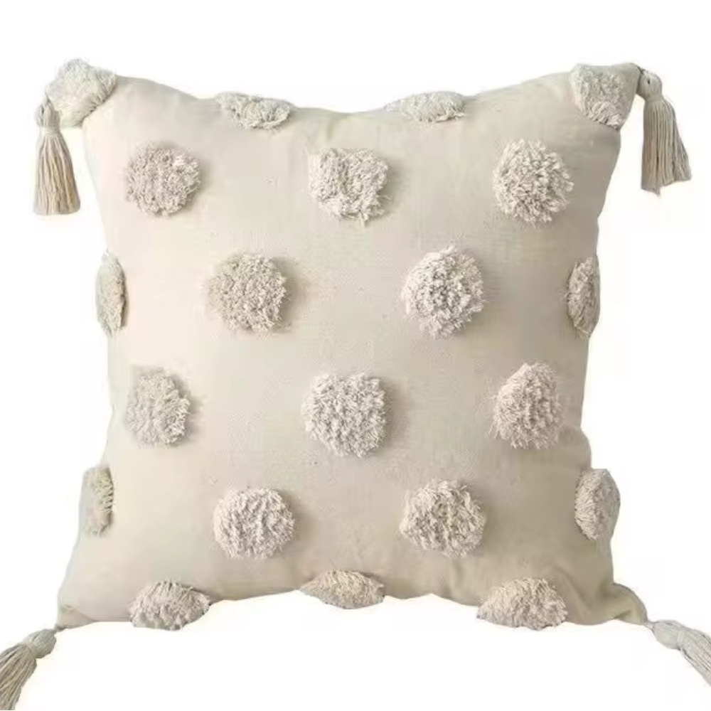 Set of Cream Textured Dot Boho Throw Pillow with Tassels